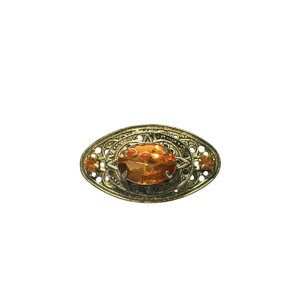 Vintage Gold Tone Layered Filigree Orange Rhinestone Oval Brooch Pin